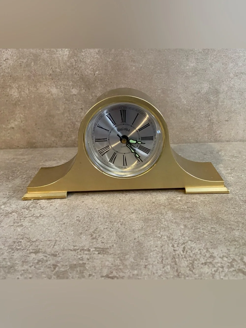 Vintage Bulova Gold Metal Quartz Desk Clock Alarm Roman Numerals Model 4RE633